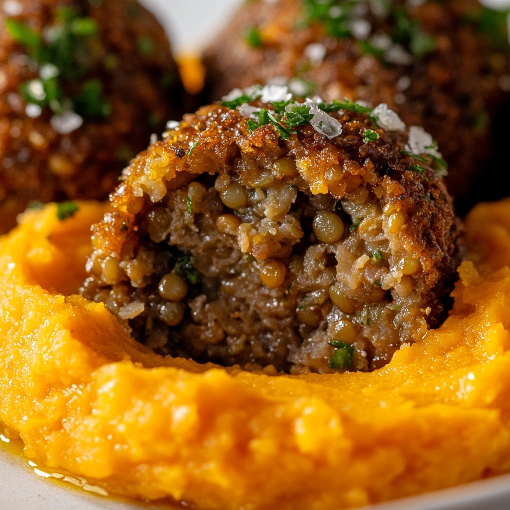 Almôndegas de lentilha com purê de batata-doce