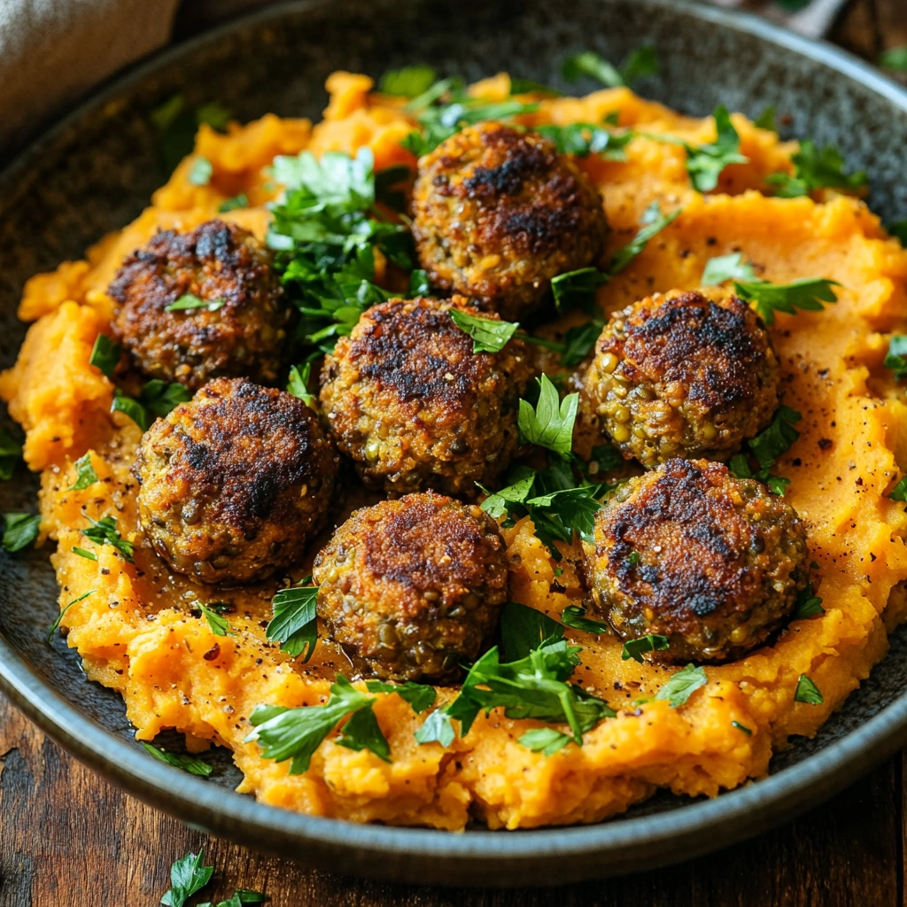 Almôndegas de lentilha com purê de batata-doce