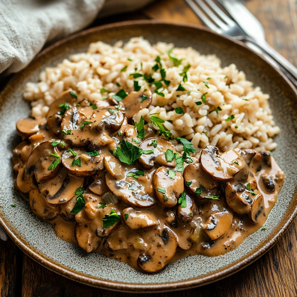 Strogonoff de Cogumelos com Arroz Integral