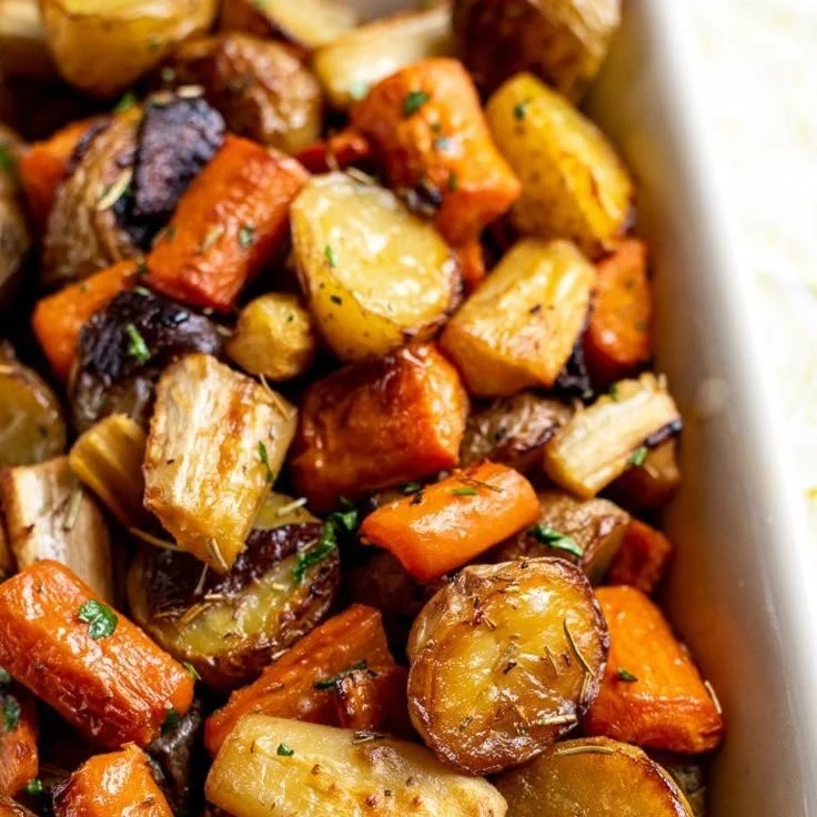 Batatas, pastinacas, cenouras e cebolas assadas com alecrim saudáveis e deliciosas sem calorias extras, a adição perfeita …