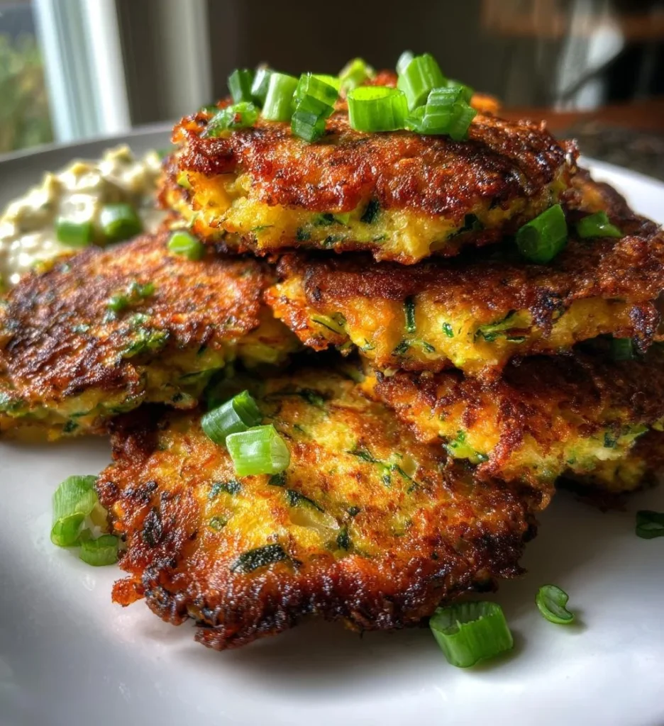 Bolinhos de abobrinha crocantes e saudáveis servidos em um prato decorativo