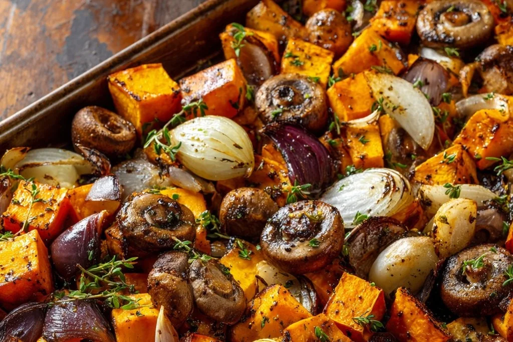 Legumes assados de outono com alho e cebolas shallots prontos para servir.