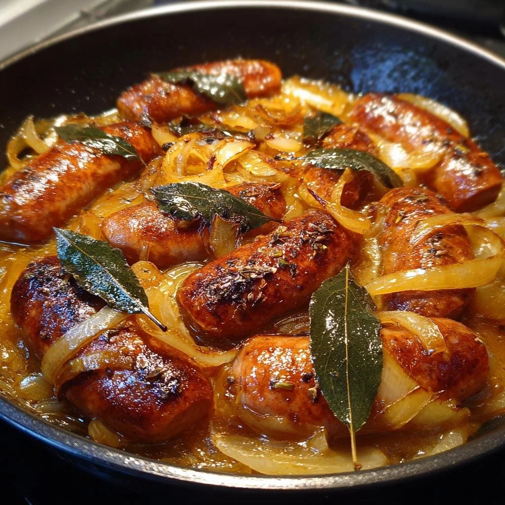 Prato de linguiça cozida na cerveja com ervas e temperos