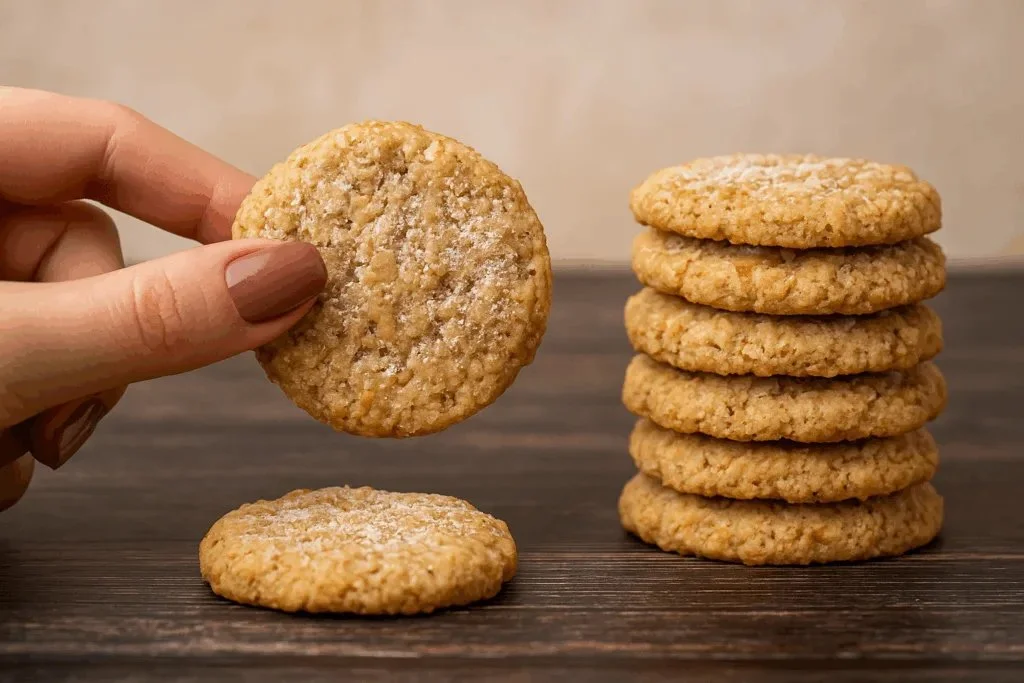 Biscoitos sem açúcar, sem glúten, 75 Kcal por unidade preparados em 10 minutos.