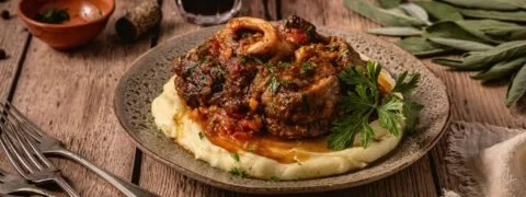 Ossobuco estufado em vinho branco servido com acompanhamentos