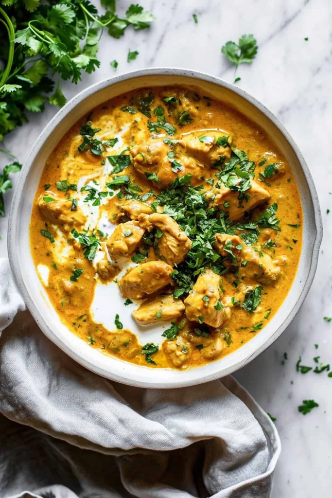 Prato de Frango Korma feito na panela lenta com especiarias aromáticas.