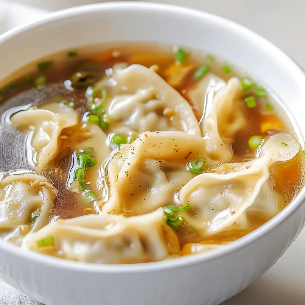 Uma tigela de sopa de potstickers quente e saborosa com legumes frescos.