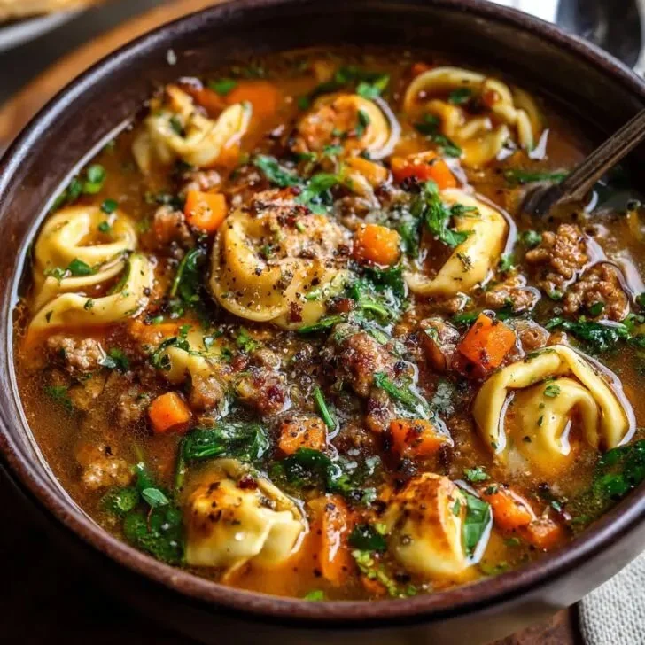 Sopa de tortellini de outono com linguiça em um prato decorativo
