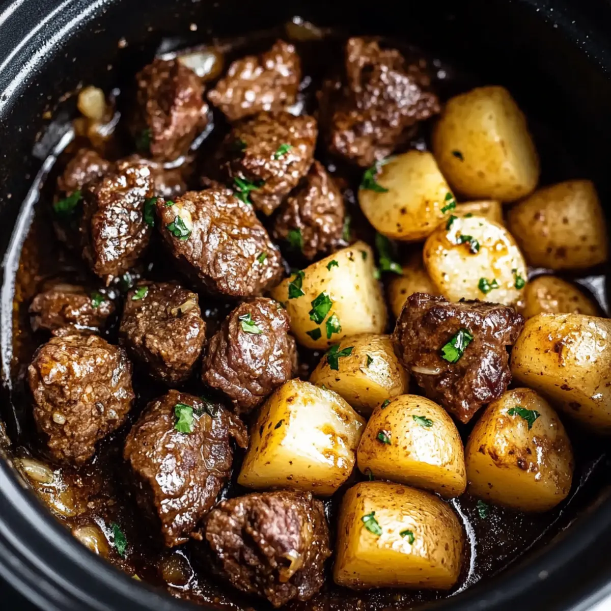 Slow Cooker Garlic Butter Beef Bites with Potatoes