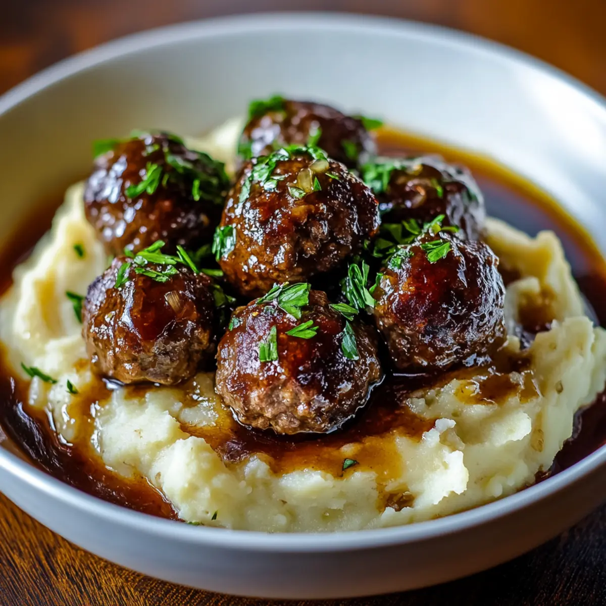Salisbury Steak Meatballs with Garlic Herb Mashed Potatoes