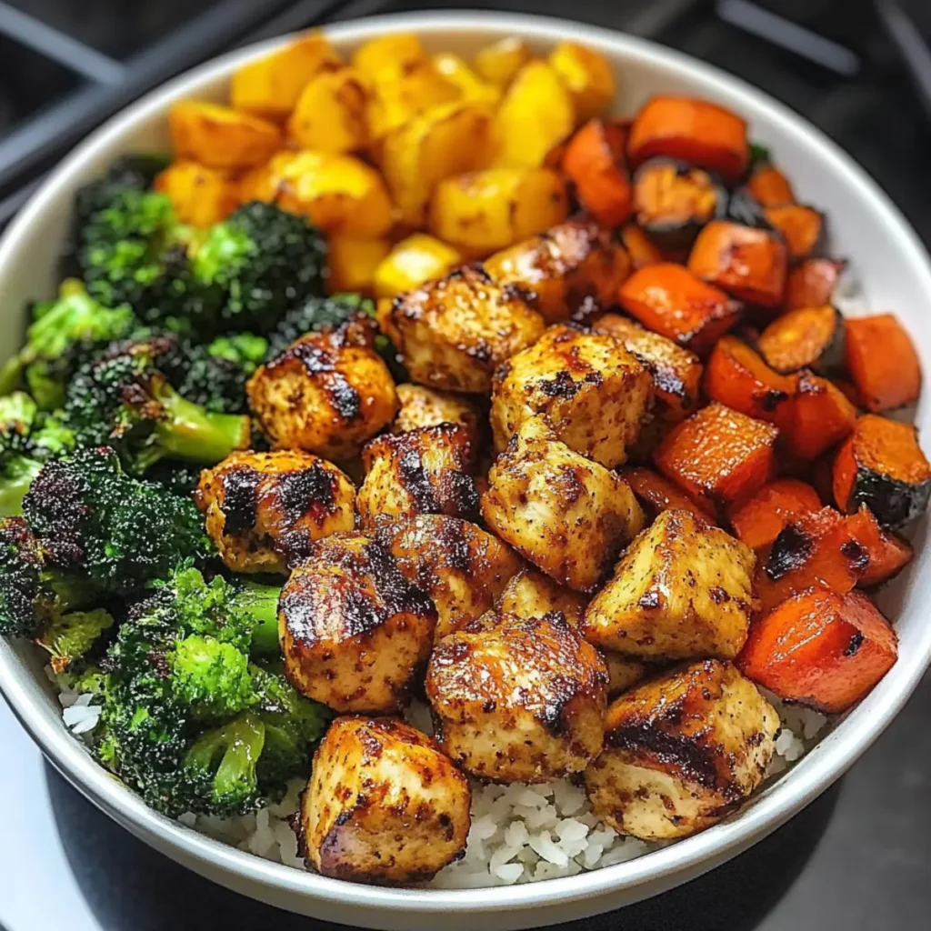 Healthy Spicy Chicken and Roasted Vegetable Bowls Delight